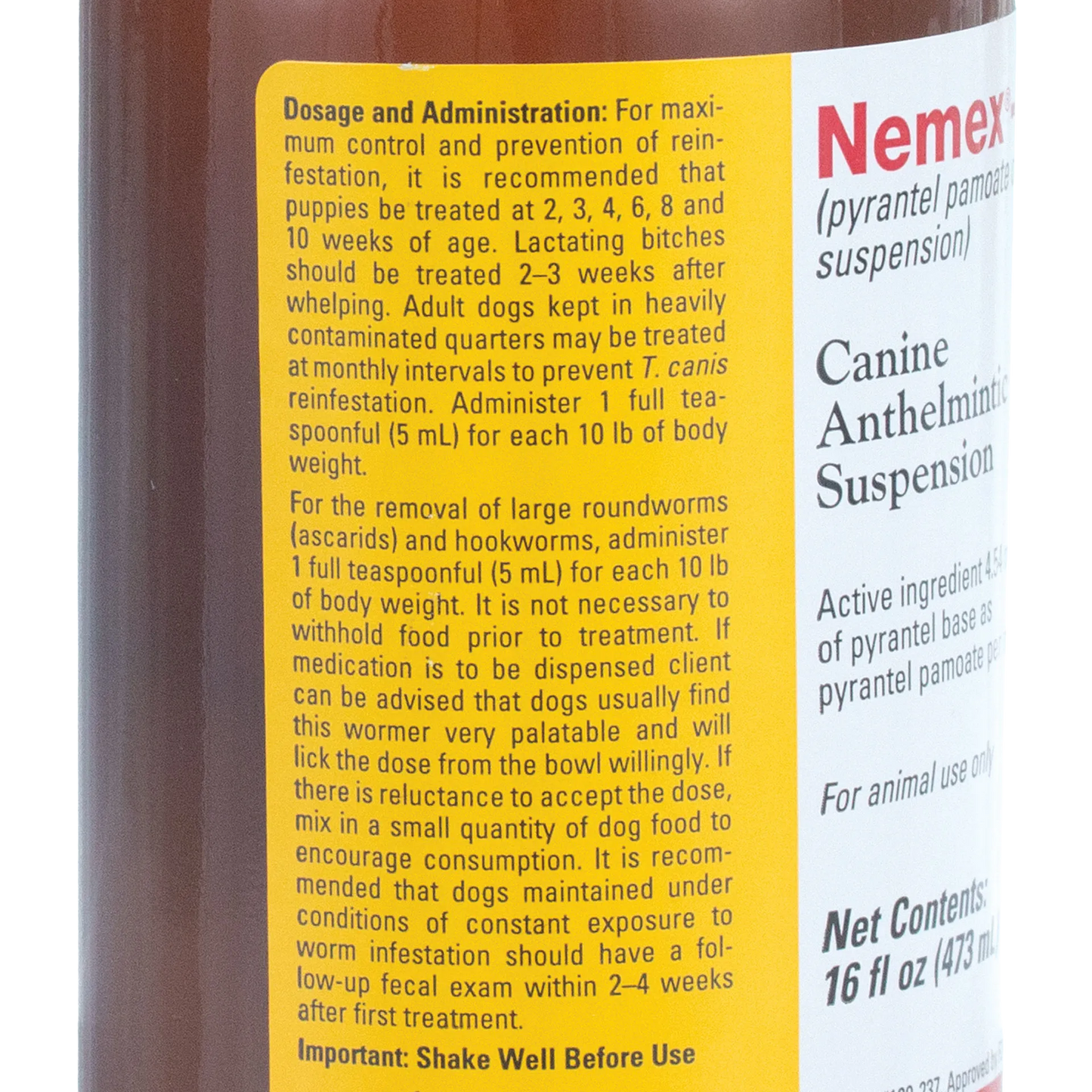 Nemex®-2 Dewormer for Dogs,"Close-up of bottle side label with dosage instructions"