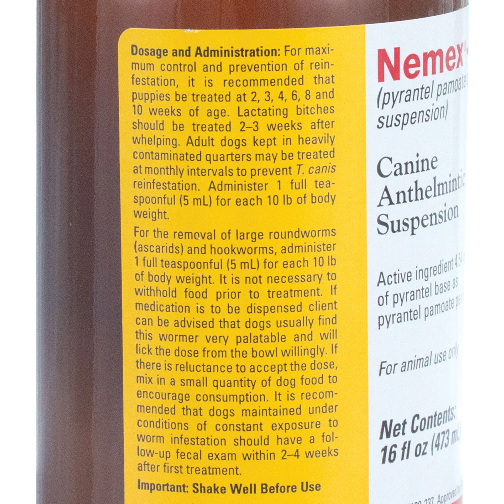 Nemex®-2 Dewormer for Dogs,"Close-up of bottle side label with dosage instructions"