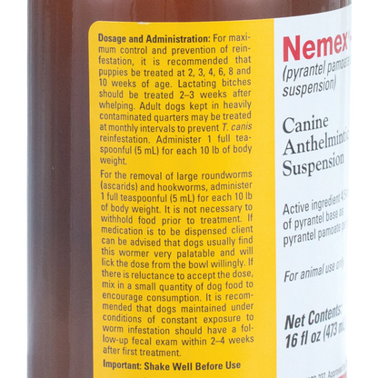Nemex®-2 Dewormer for Dogs,"Close-up of bottle side label with dosage instructions"