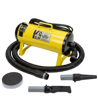 K-9 I Dog Dryer,"Yellow blower dryer with hose and nozzle attachments"
