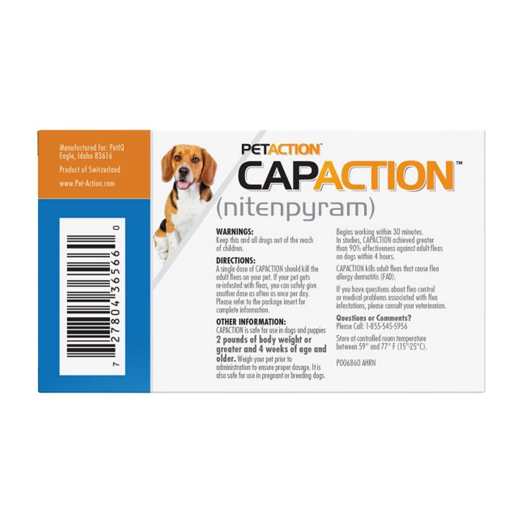 CapAction®,"Back of product box with dog photo and barcode"