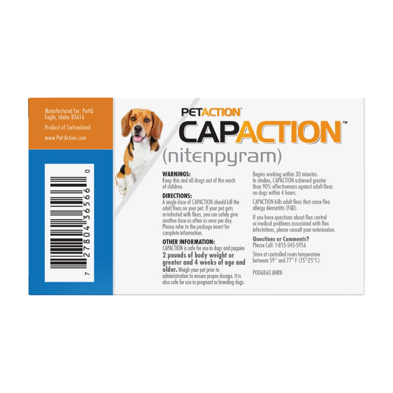 CapAction®,"Back of product box with dog photo and barcode"