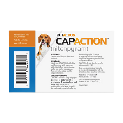 CapAction®,"Back of product box with dog photo and barcode"