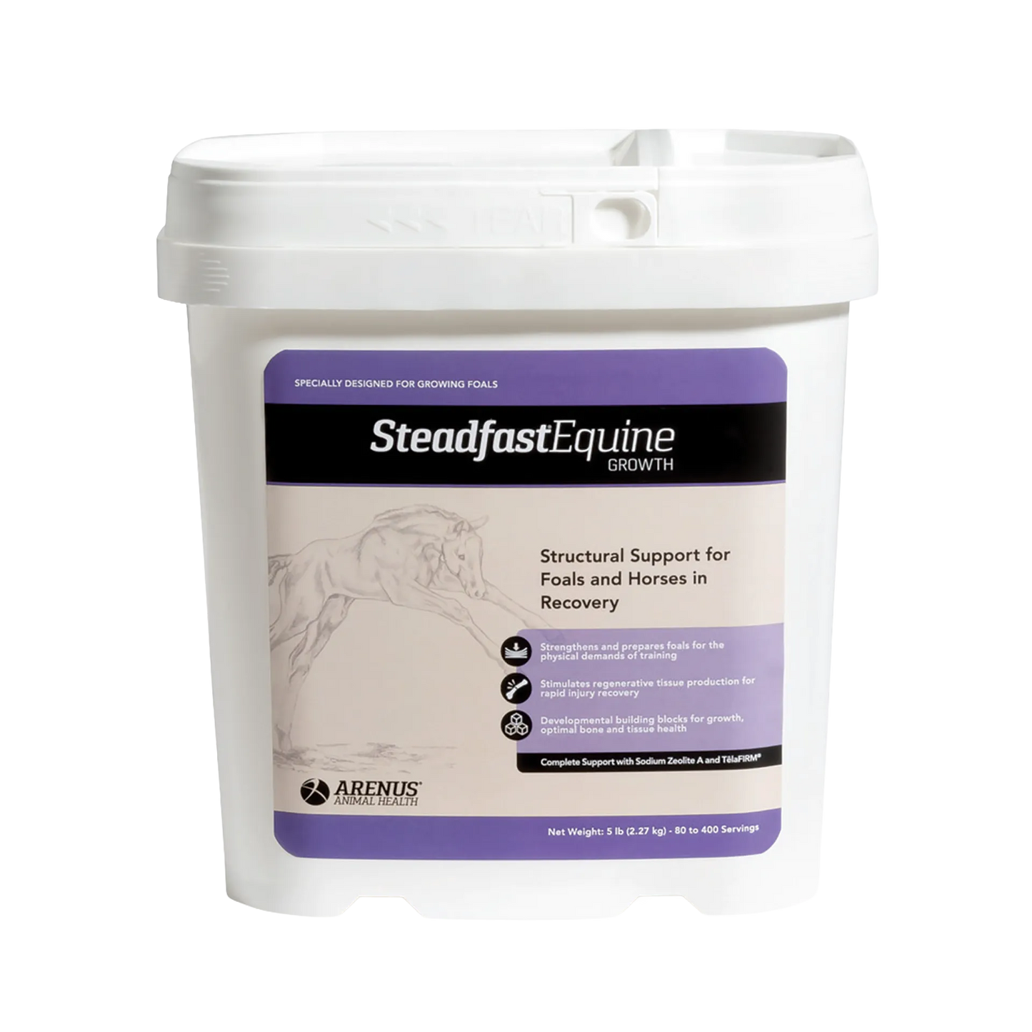 Steadfast® Equine Growth,"White plastic tub with snap lid and front label"