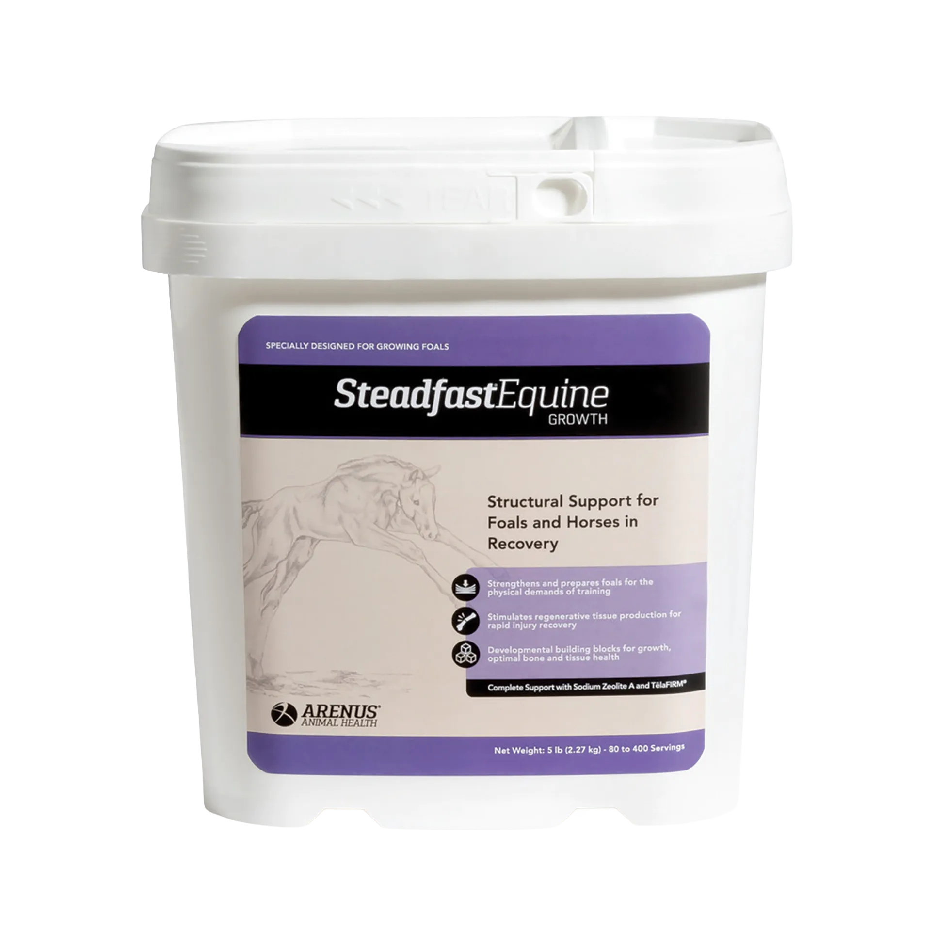 Steadfast® Equine Growth,"White plastic tub with snap lid and front label"