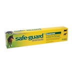 Safe-Guard® Equine Dewormer,"Yellow dewormer paste box with horse and cattle images"
