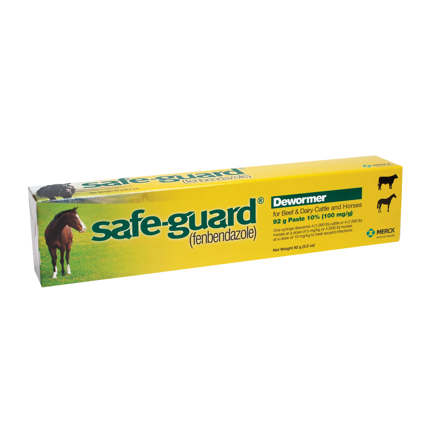 Safe-Guard® Equine Dewormer,"Yellow dewormer paste box with horse and cattle images"