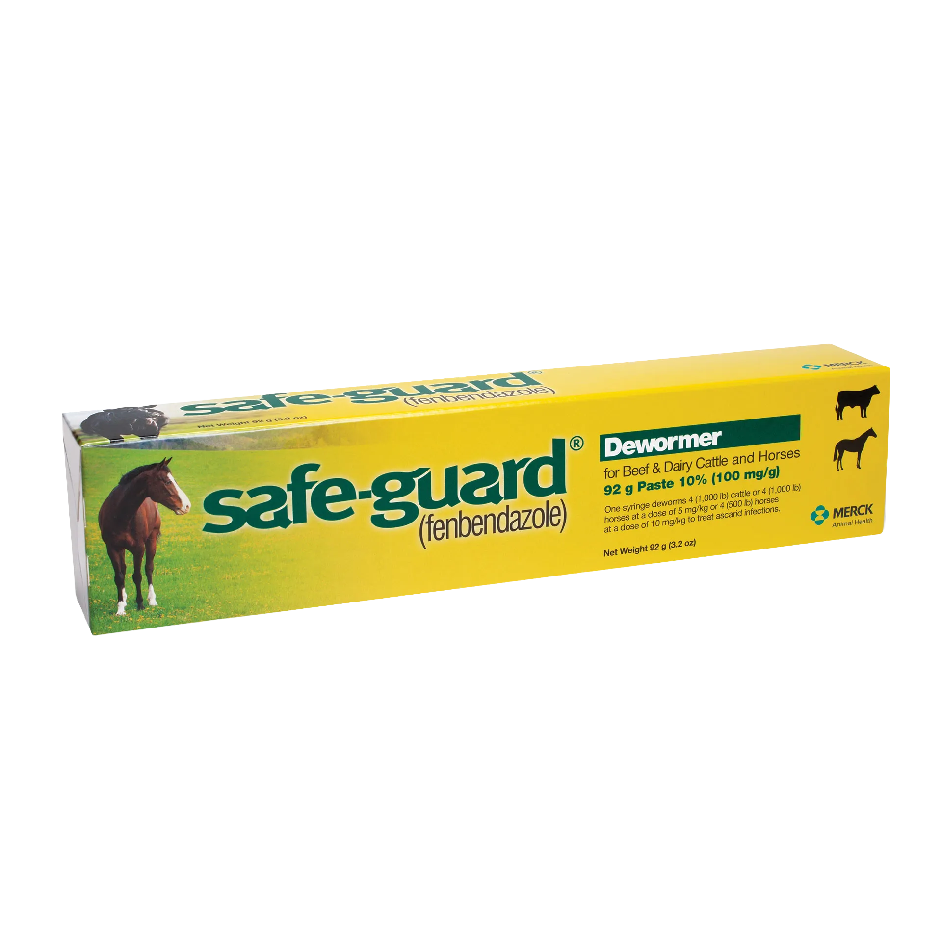 Safe-Guard® Equine Dewormer,"Yellow dewormer paste box with horse and cattle images"