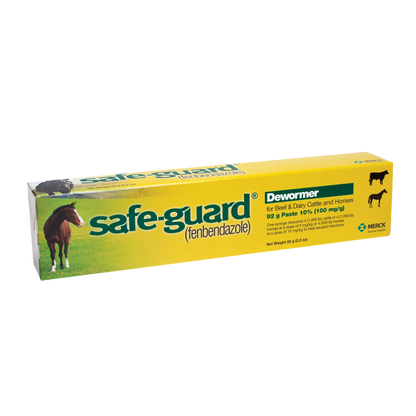 Safe-Guard® Equine Dewormer,"Yellow dewormer paste box with horse and cattle images"