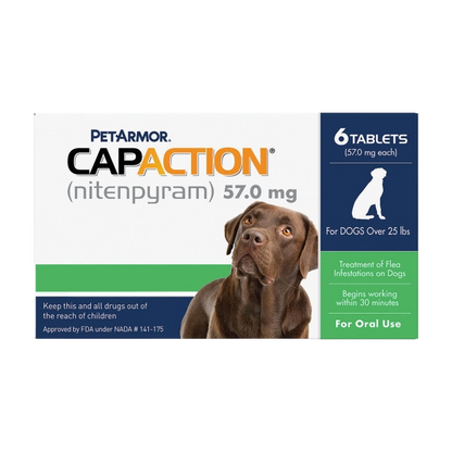 CapAction®,"Product box with dog image and 6-tablet label"
