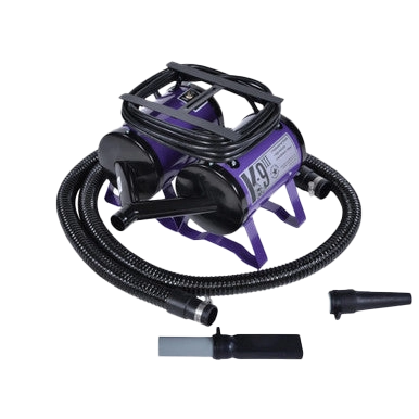 K-9 III Dog Dryer With FREE Water Peeler,"Purple dog dryer with coiled hose and two nozzle attachments"