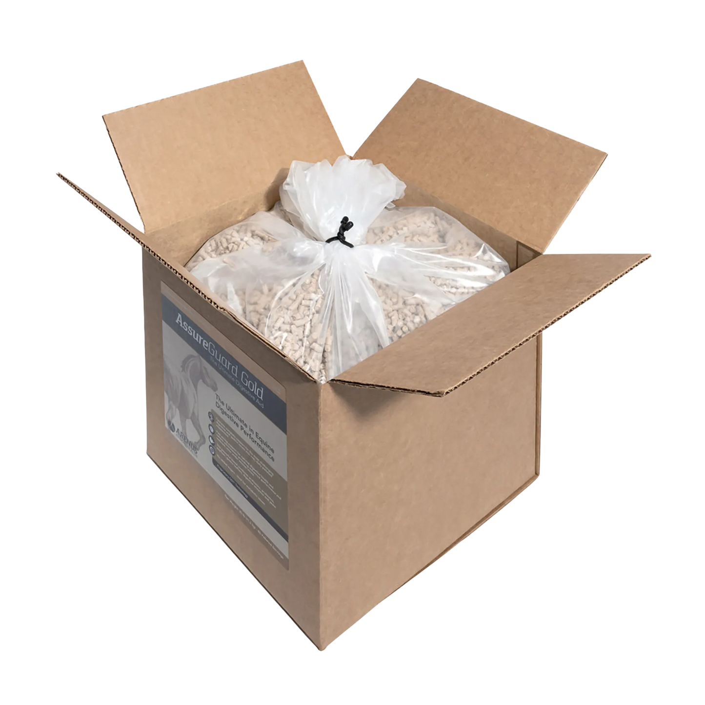 Assure® Guard Gold,"Open cardboard box with clear bag of pellets inside"