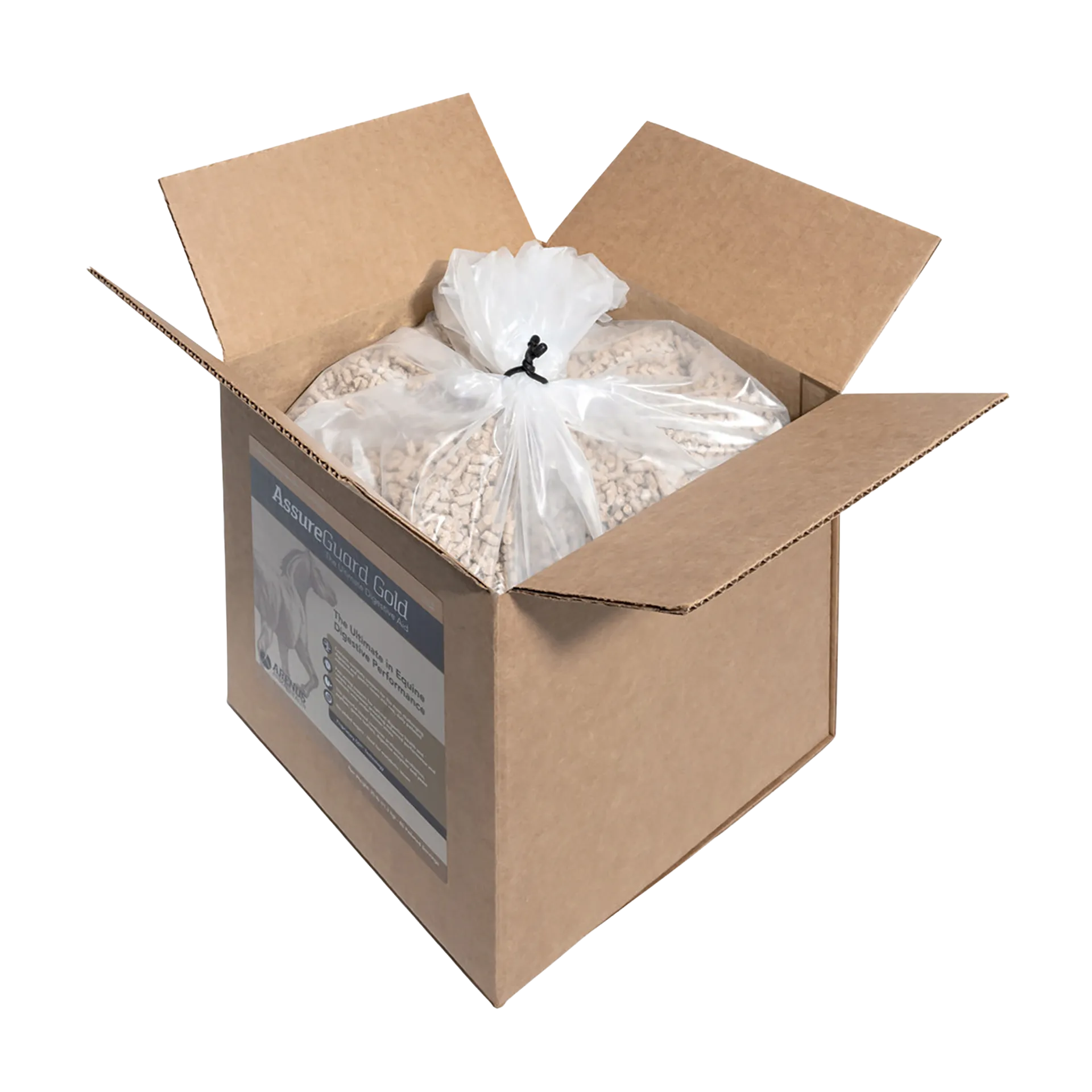 Assure® Guard Gold,"Open cardboard box with clear bag of pellets inside"