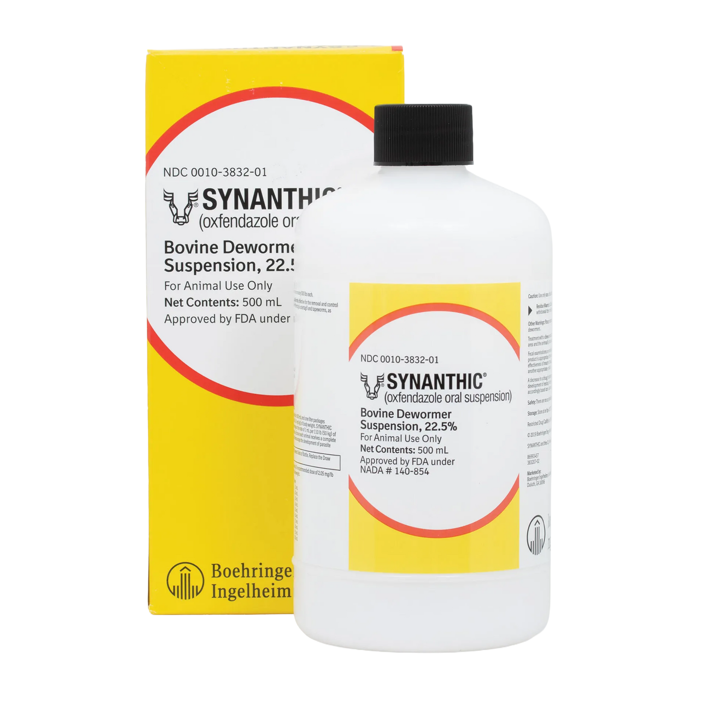 Synanthic® (oxfendazole oral suspension),"White bottle with black cap next to yellow box"