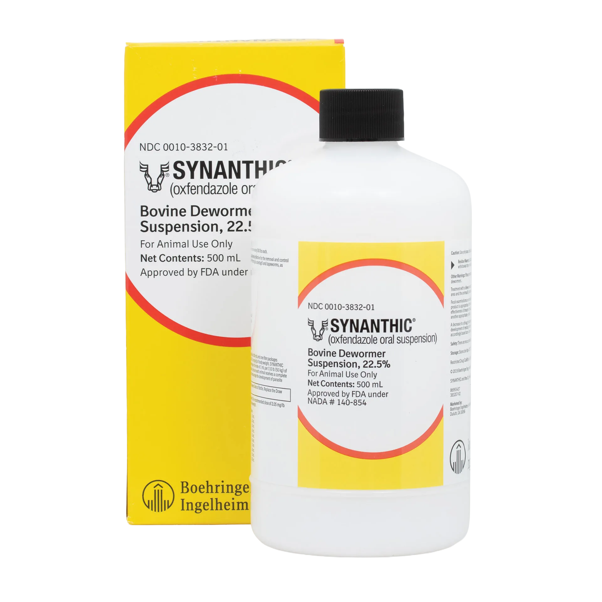 Synanthic® (oxfendazole oral suspension),"White bottle with black cap next to yellow box"
