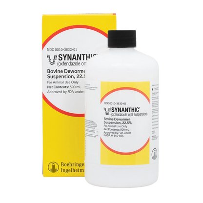 Synanthic® (oxfendazole oral suspension),"White bottle with black cap next to yellow box"