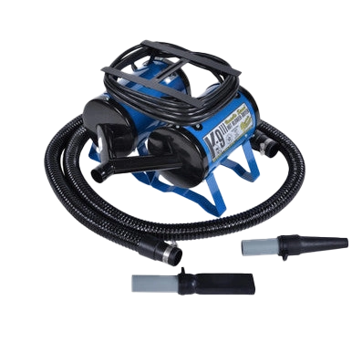 K-9 III Variable Speed Dog Dryer With FREE Water Peeler,"Blue dog dryer with black hose and two nozzle attachments"