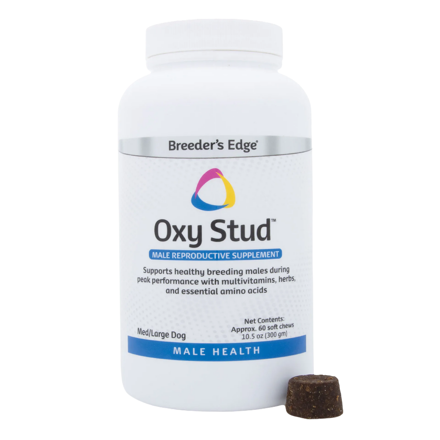 Breeder's Edge® Oxy Stud™,"White supplement bottle with screw cap and single chew beside it"