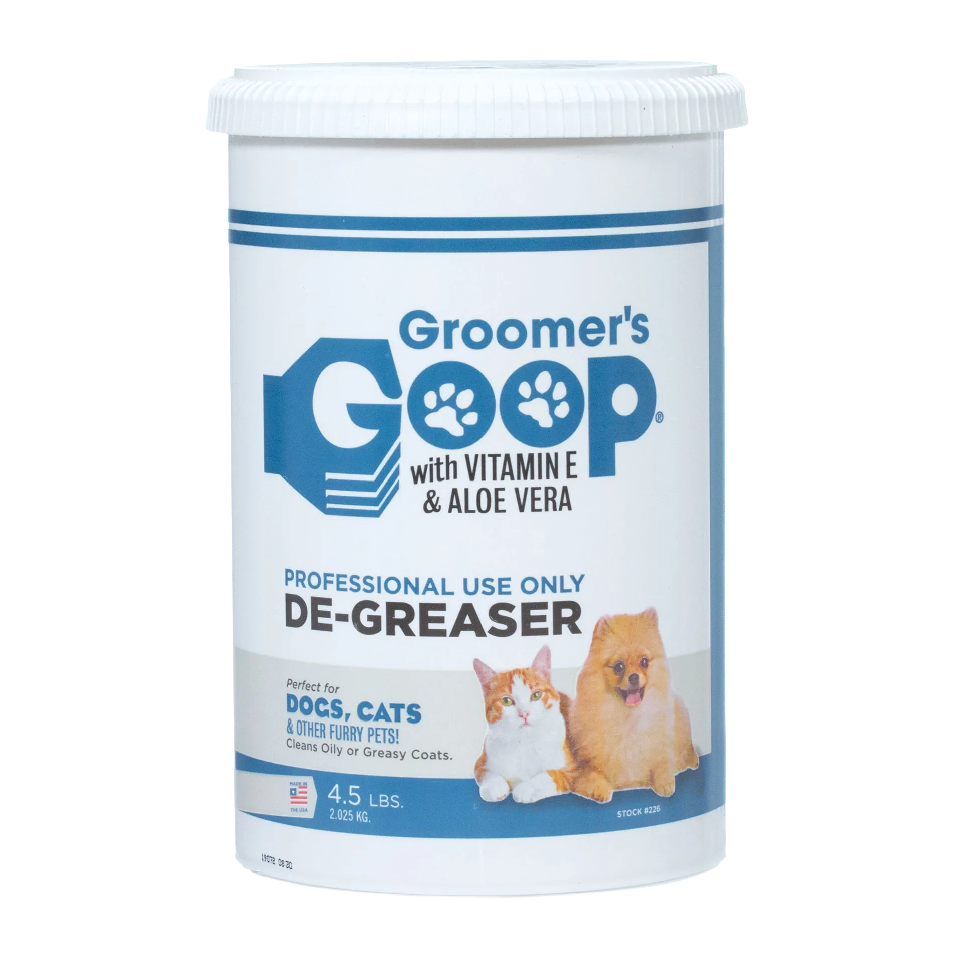 Groomers Goop® Degreaser,"White plastic tub with screw-top lid and dog and cat label"