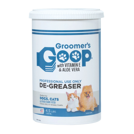 Groomers Goop® Degreaser,"White plastic tub with screw-top lid and dog and cat label"