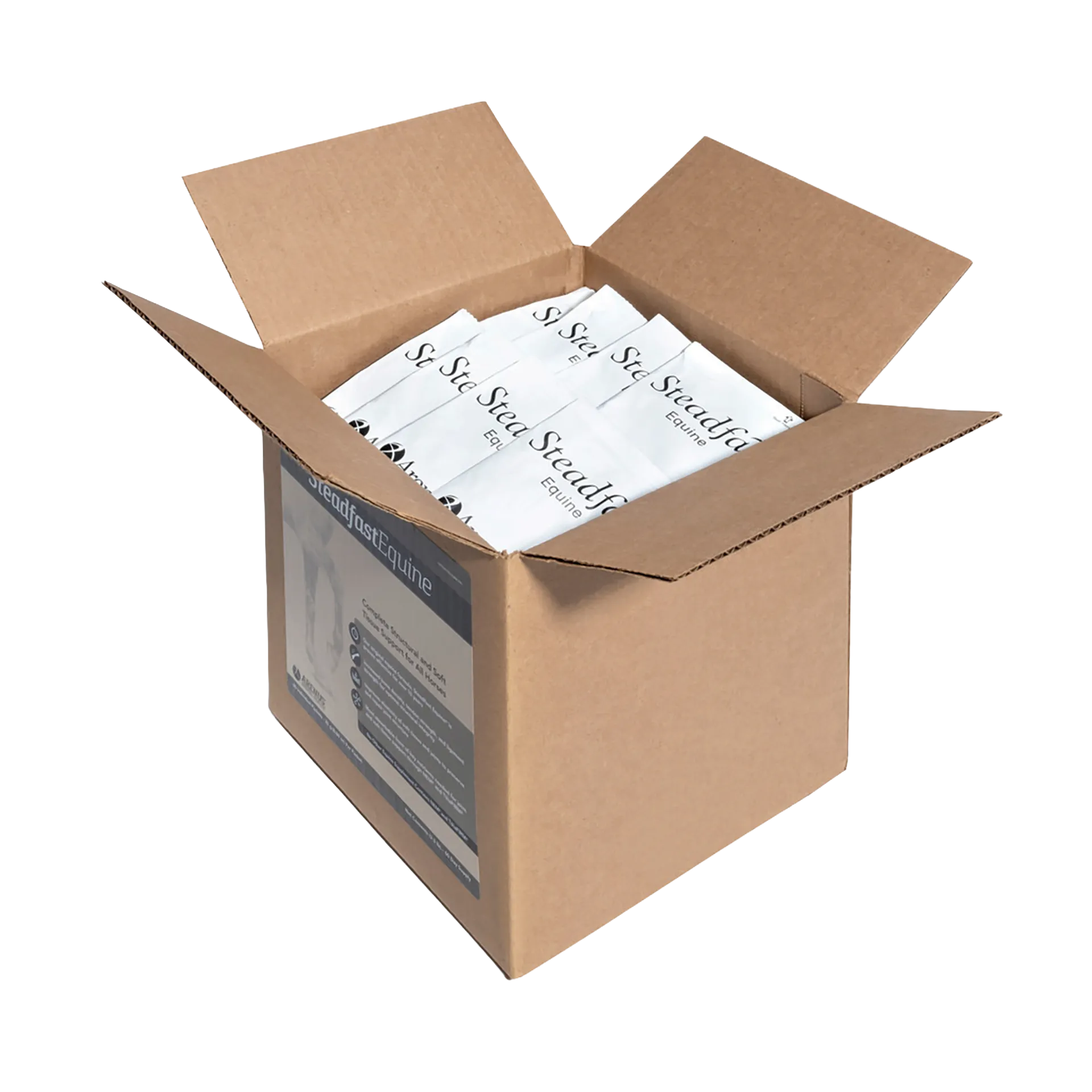Steadfast® Equine,"Open cardboard box with white packets inside"