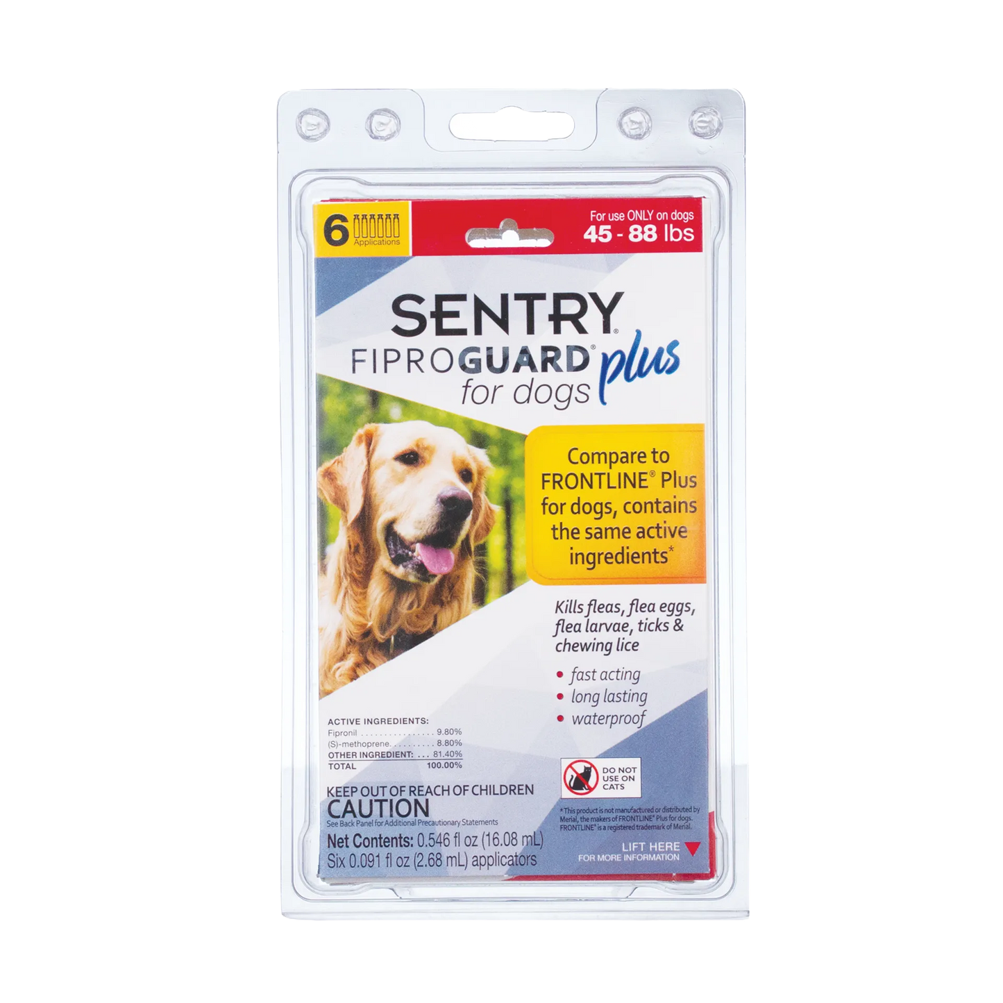 Sentry® Fiproguard® Plus for Dogs,"Front view of blister pack with dog image and six applicators"