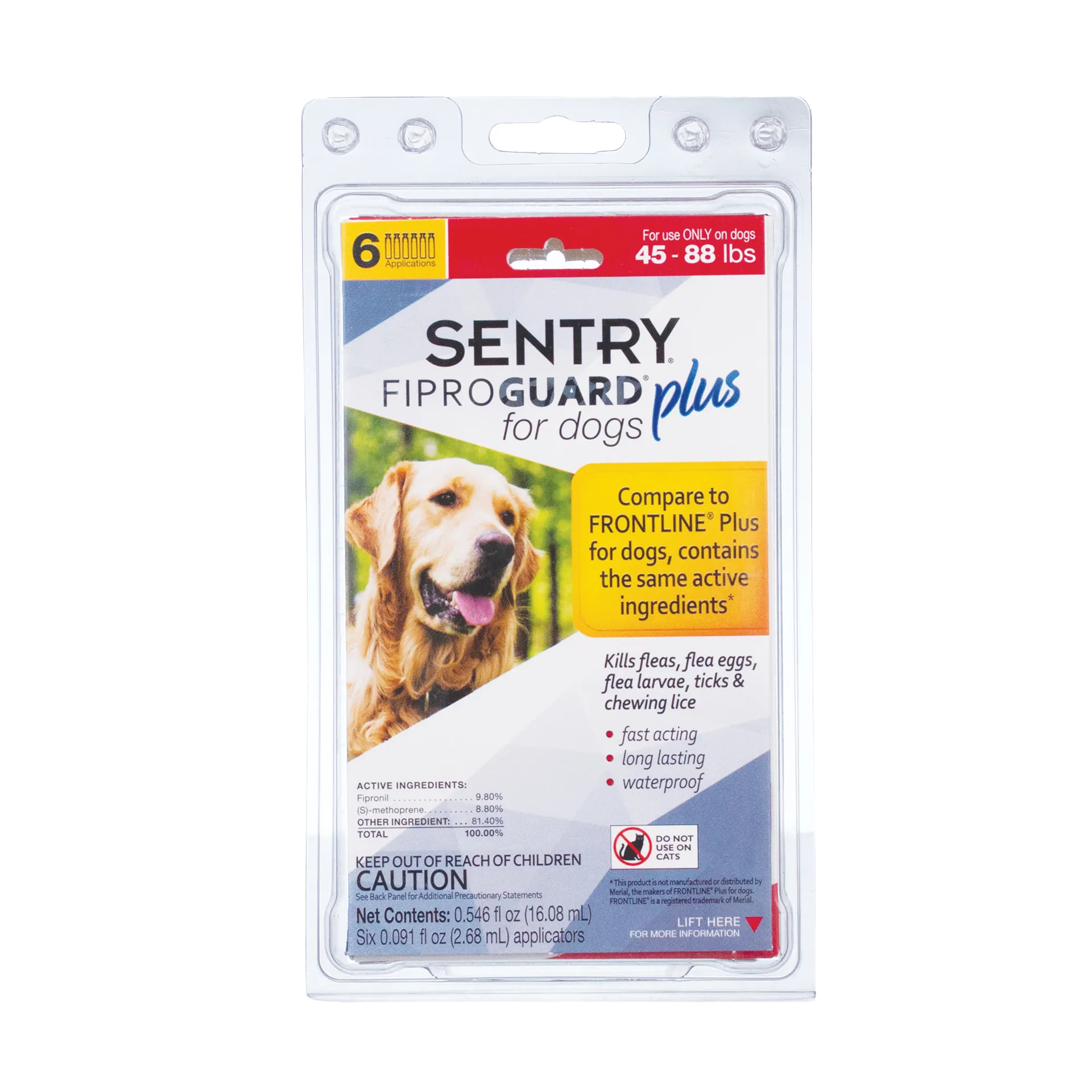 Sentry® Fiproguard® Plus for Dogs,"Front view of blister pack with dog image and six applicators"