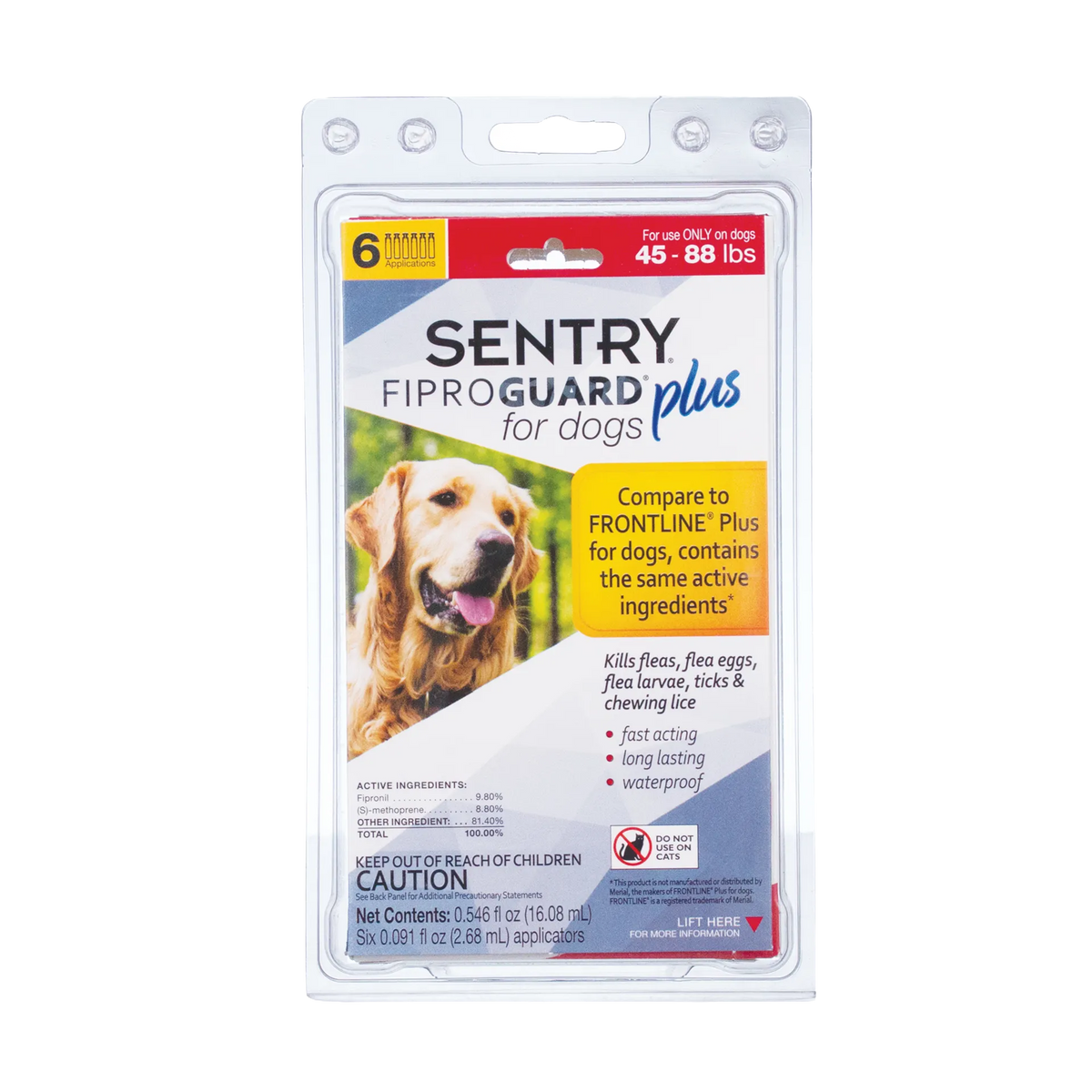 Sentry® Fiproguard® Plus for Dogs,"Front view of blister pack with dog image and six applicators"