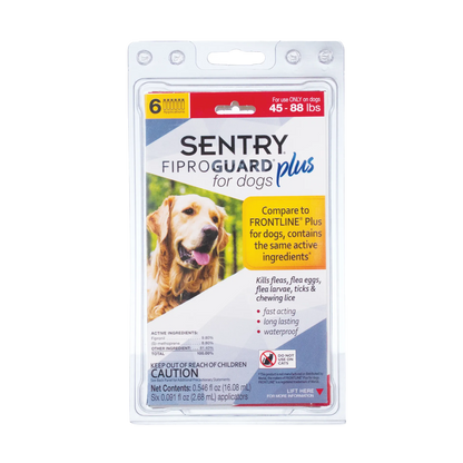 Sentry® Fiproguard® Plus for Dogs,"Front view of blister pack with dog image and six applicators"