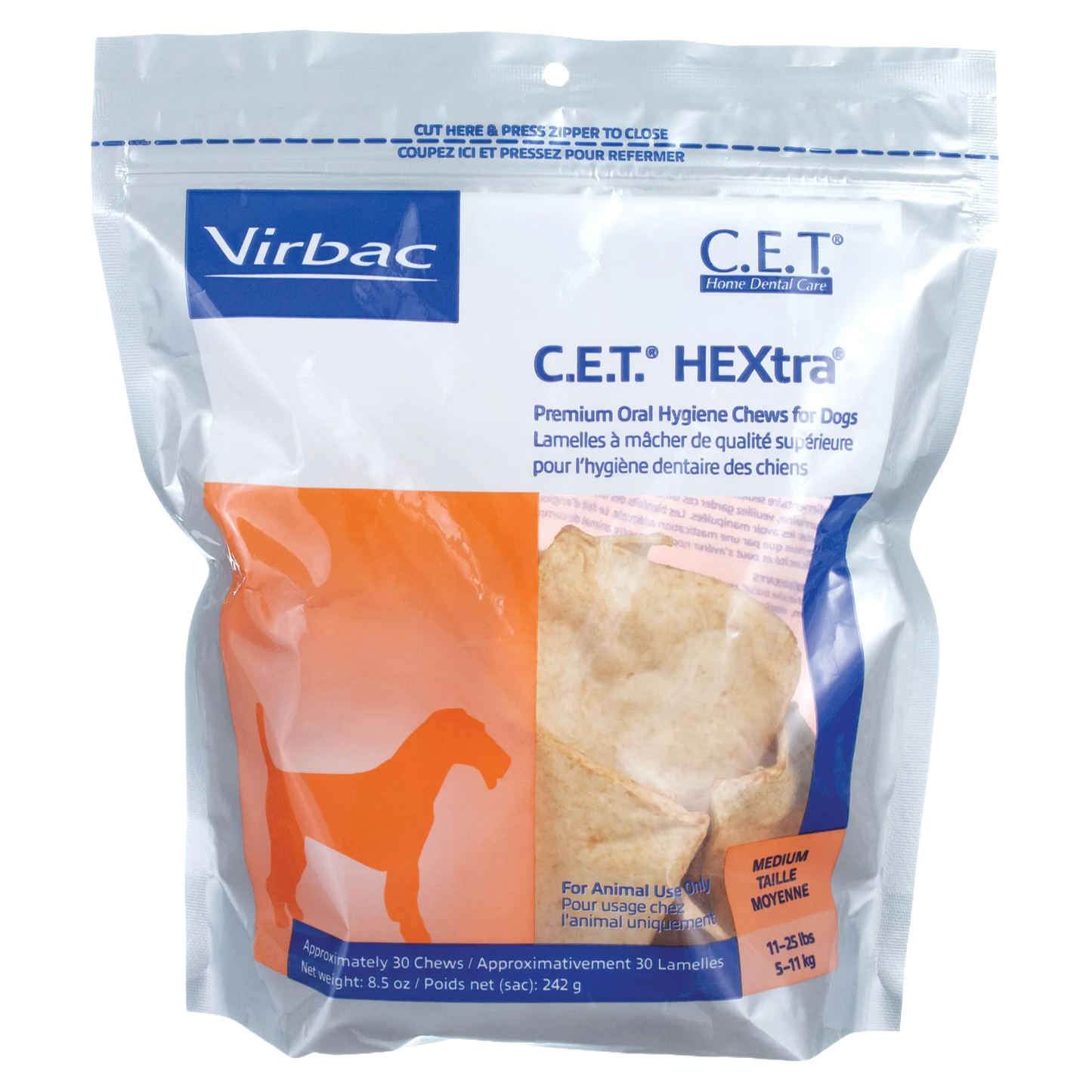 C.E.T.® HEXTRA® Premium Chews for Dogs,"Resealable bag of dog dental chews with chew pieces visible"