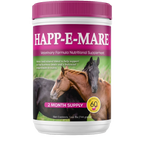 Happ-E-Mare,"White supplement jar with pink lid and horse label"