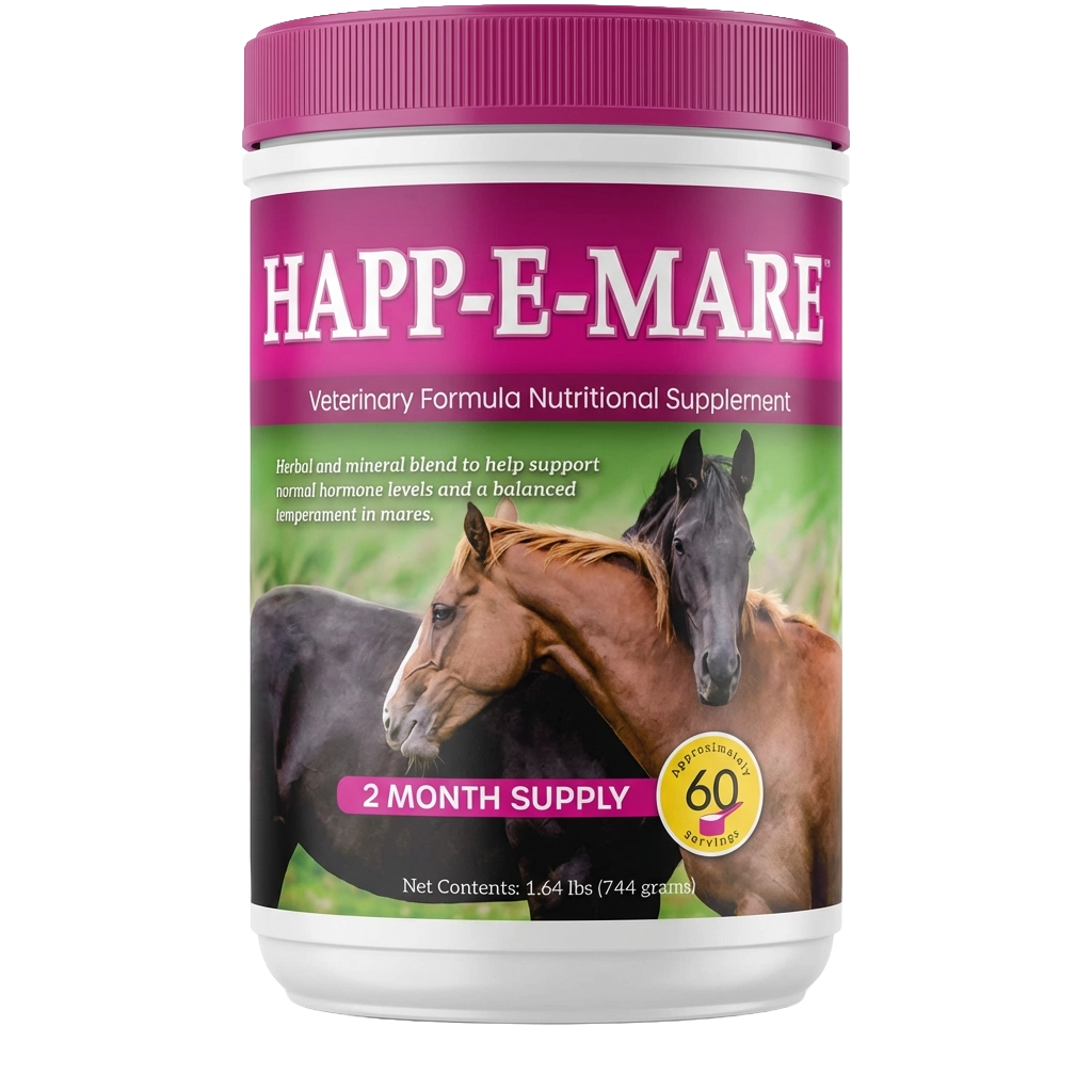 Happ-E-Mare,"White supplement jar with pink lid and horse label"