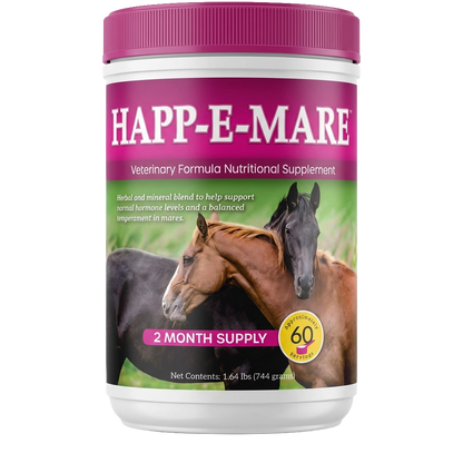 Happ-E-Mare,"White supplement jar with pink lid and horse label"