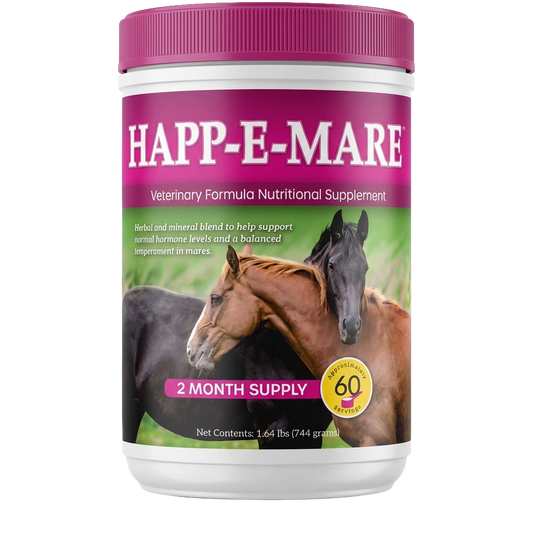Happ-E-Mare,"White supplement jar with pink lid and horse label"