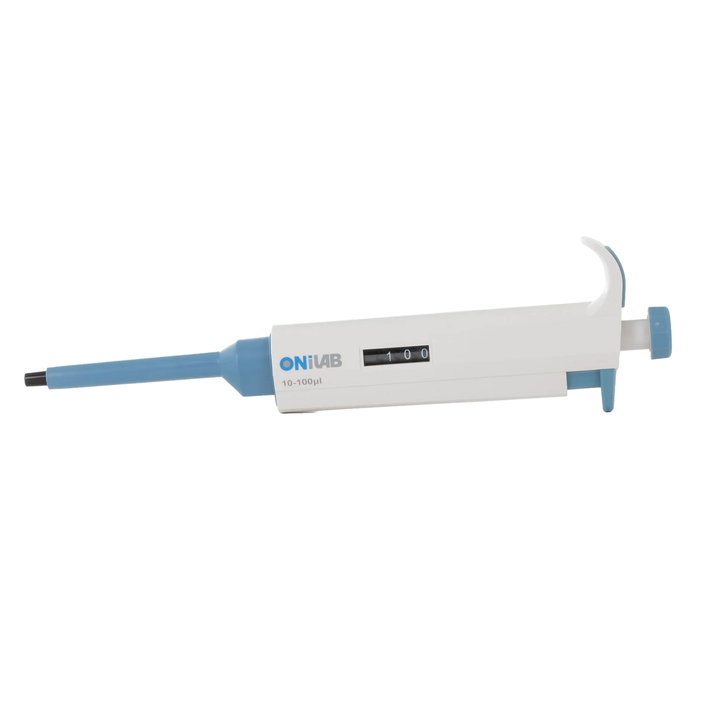 10-100ul Micropipettor,"White and blue micropipettor side view with volume display"