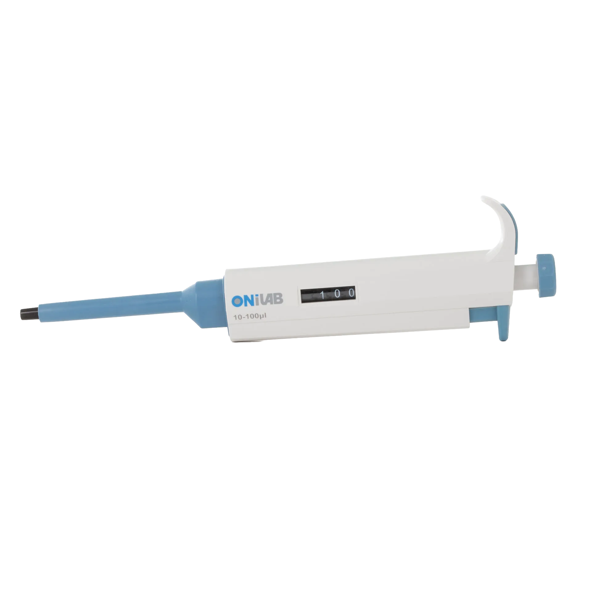 10-100ul Micropipettor,"White and blue micropipettor side view with volume display"