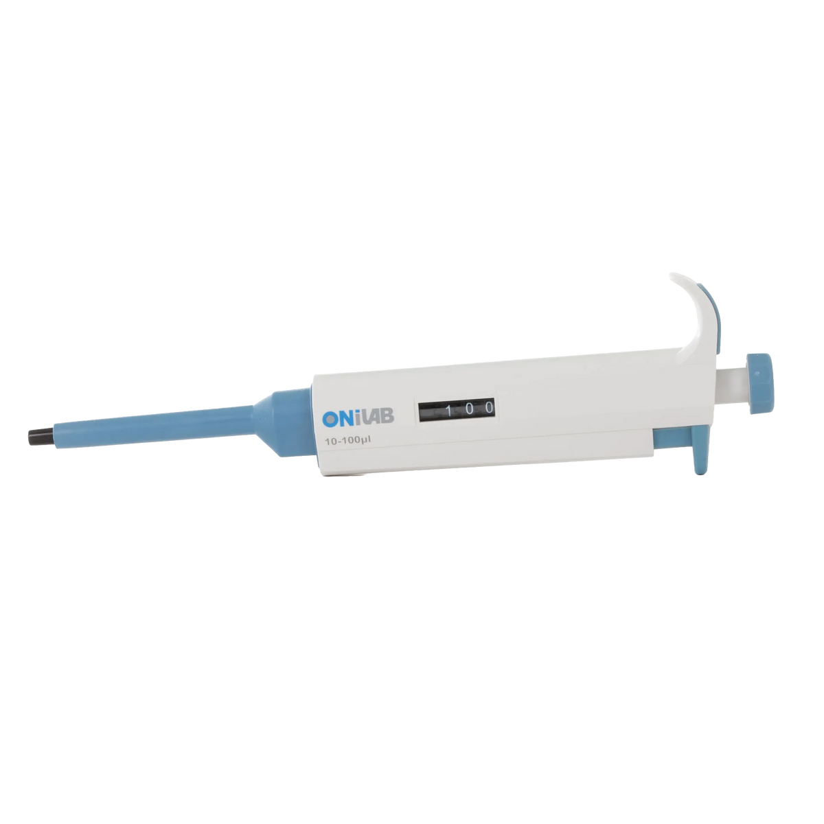 10-100ul Micropipettor,"White and blue micropipettor side view with volume display"
