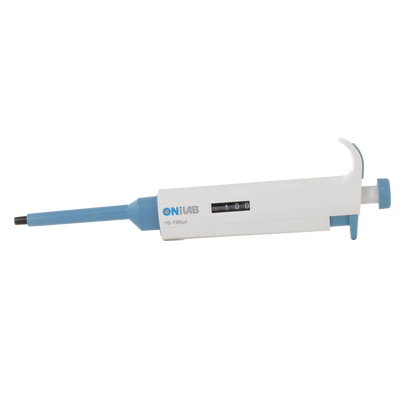 10-100ul Micropipettor,"White and blue micropipettor side view with volume display"