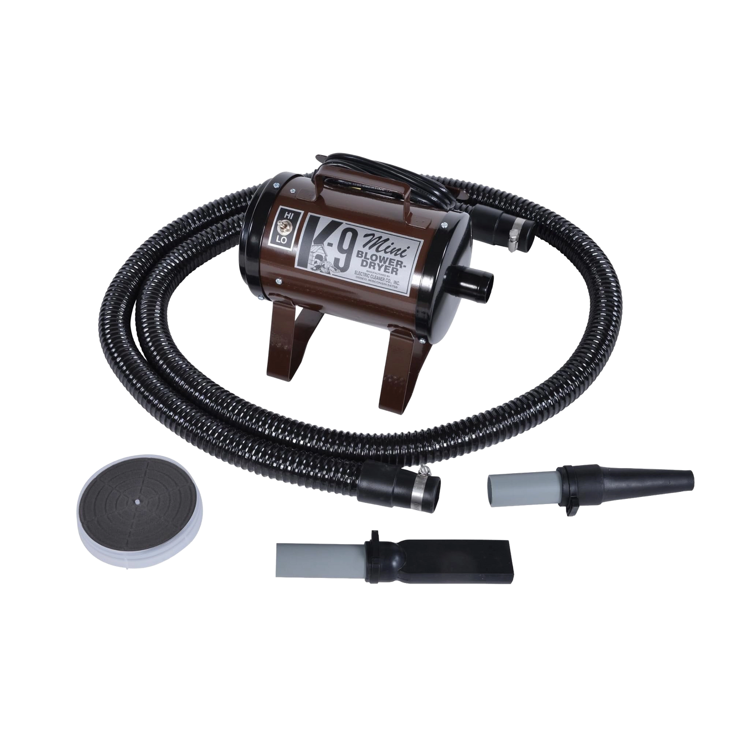 Mini K-9 Dog Dryer,"Brown dryer unit with hose, two nozzle attachments, and round filter"