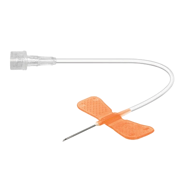 Winged Infusion Set,"Clear tubing with orange butterfly wings and needle"