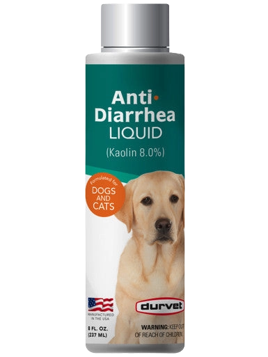 Anti-Diarrhea Liquid,"Bottle with silver cap and dog image on label"