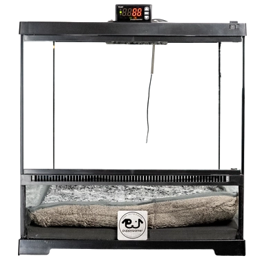 Puppywarmer® Puppy Incubator,"Front view of black incubator with digital display and cushioned bed"