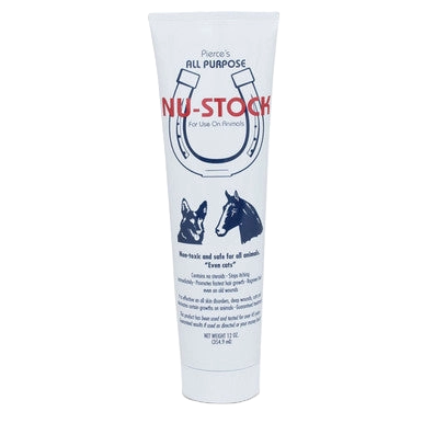 Pierce's All-Purpose Nu-Stock Ointment,"White ointment tube with horseshoe and animal illustrations"