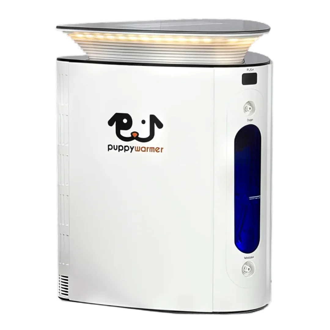 Puppywarmer Bundles,"White warming unit with ribbed top tray and blue side window"