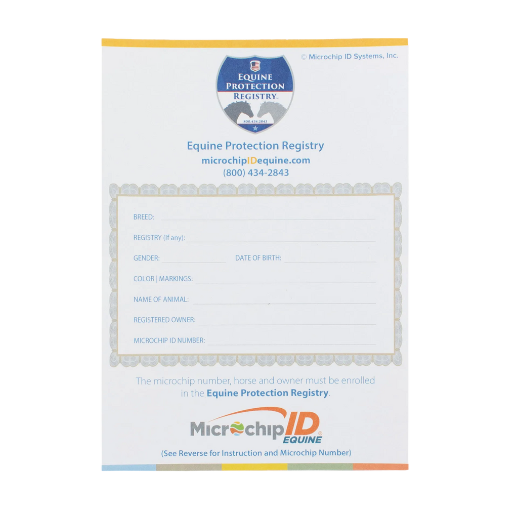 The EQUINEChip™,"Registration form card with bordered fields and registry logo"