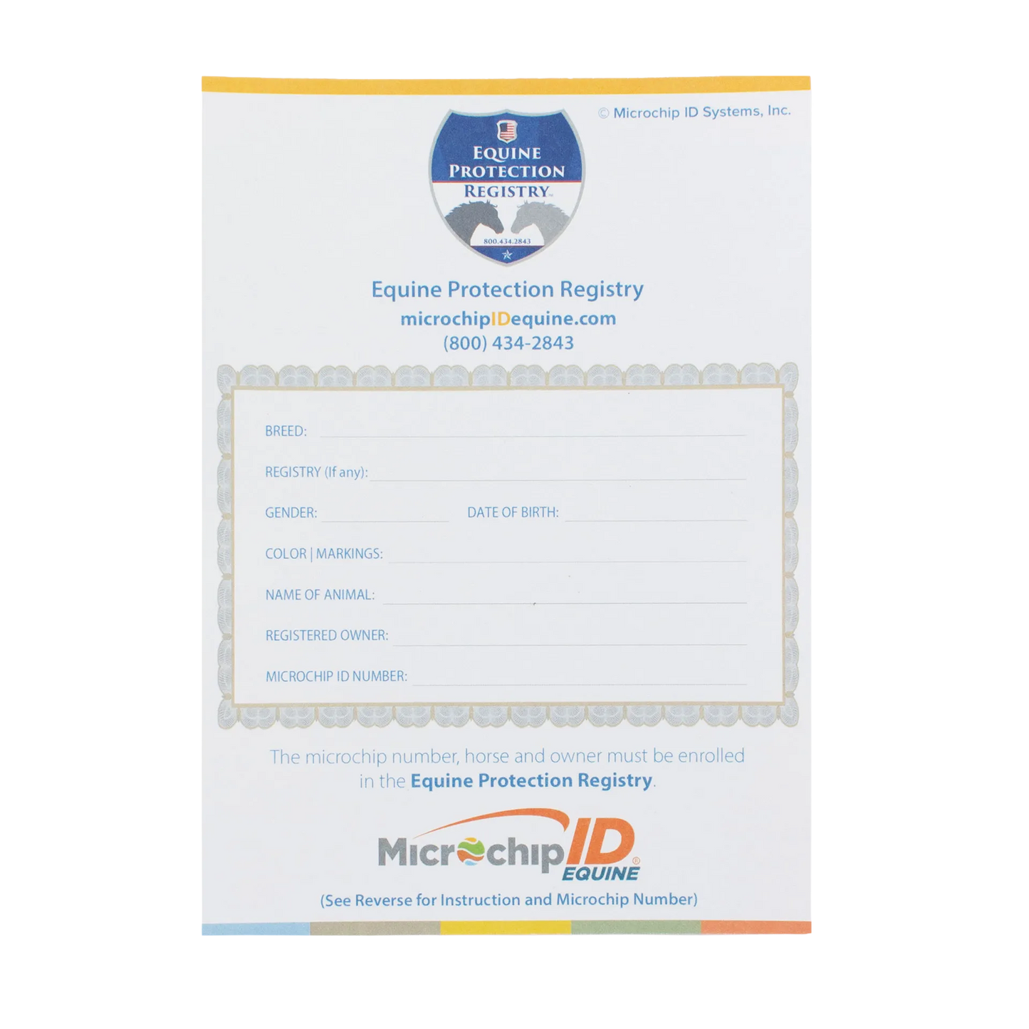 The EQUINEChip™,"Registration form card with bordered fields and registry logo"