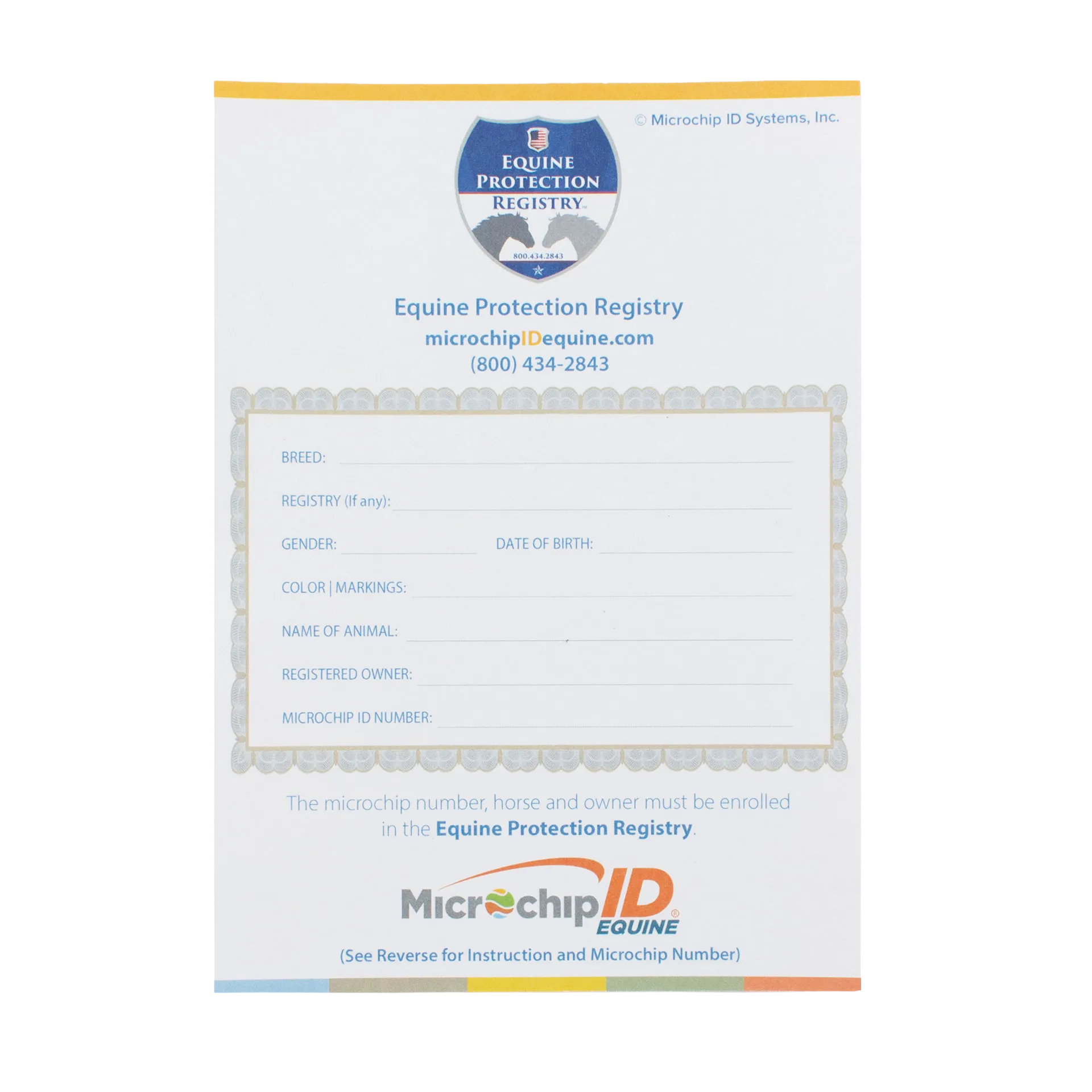 The EQUINEChip™,"Registration form card with bordered fields and registry logo"