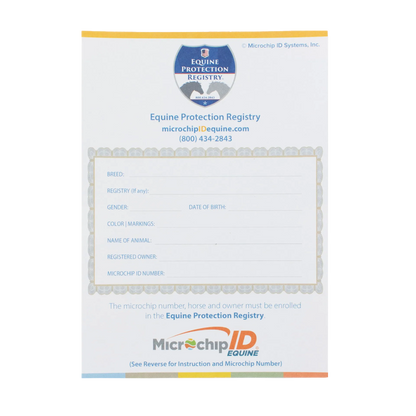 The EQUINEChip™,"Registration form card with bordered fields and registry logo"