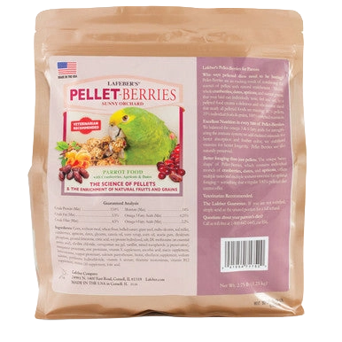 Lafeber Pellet-Berries Sunny Orchard,"Resealable stand-up pouch showing back label with parrot image"