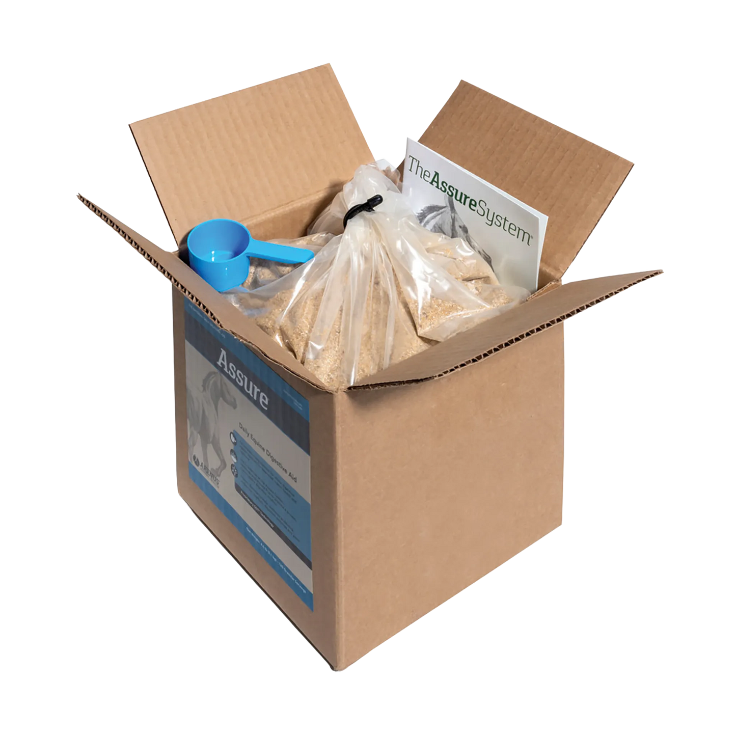 Assure®,"Open box with bagged powder, blue scoop, and insert"